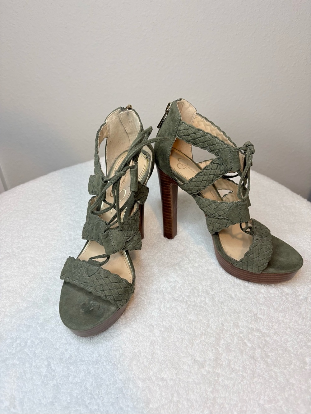 Olive Green Braided Lace-Up High Heel Sandals Jessica Simpson - Picture 3 of 6